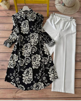 Black & White Floral Rayon Kurti with White Lycra Plazzo